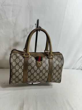 Gucci Beige/Brown GG Canvas Top-Handle Bag with Red and Green Stripe